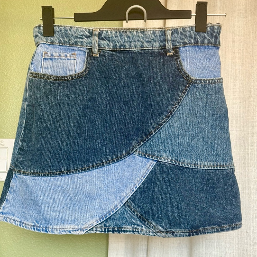Zara Two-Tone Denim Patchwork Mini Skirt - Light & Dark Blue